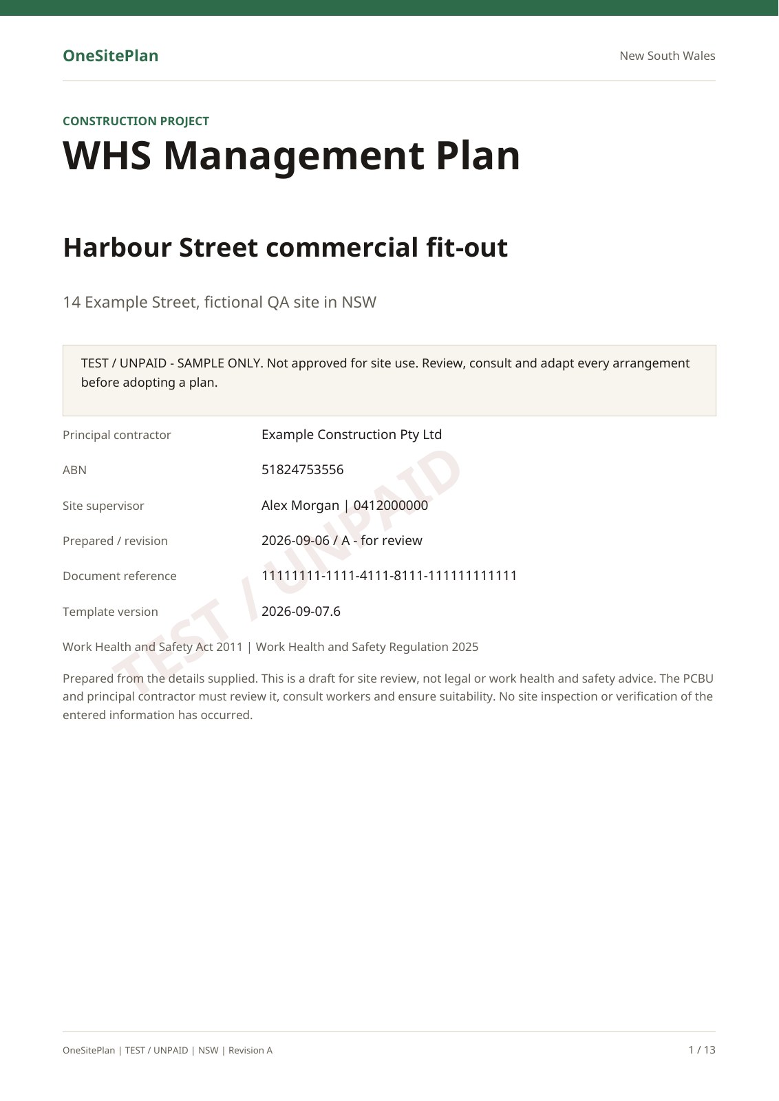 NSW sample: The plan title, fictional project details and review requirements. Marked TEST / UNPAID.