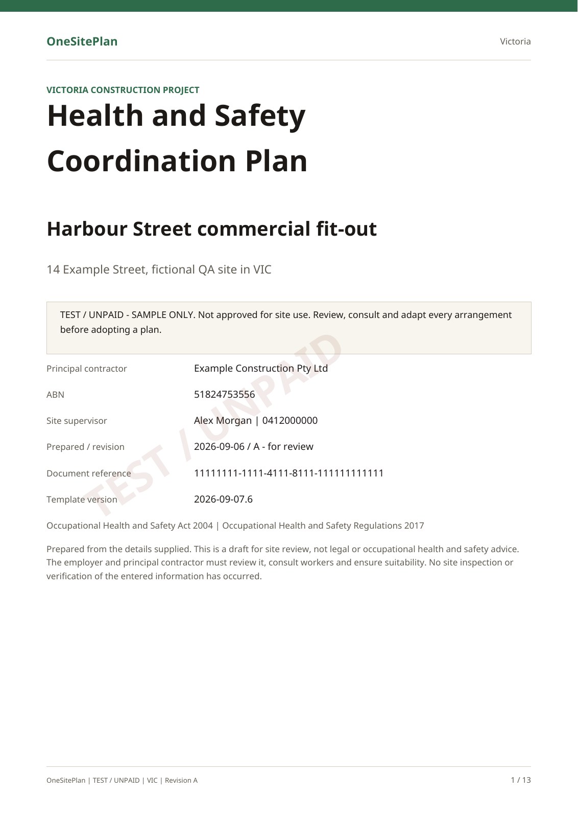 Victoria sample: The plan title, fictional project details and review requirements. Marked TEST / UNPAID.